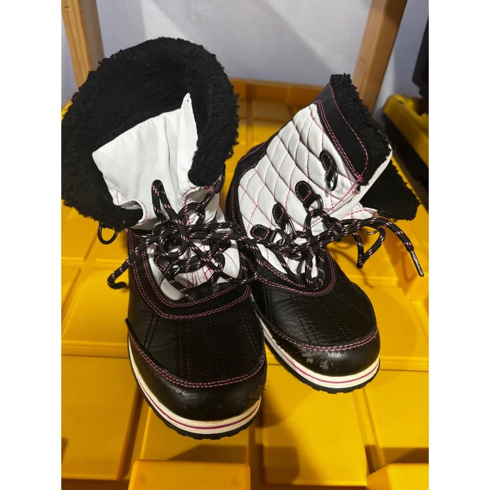 Totes Haddie Kids Winter Boots Black White Pink Faux Fur Lined Size 5M 603-8011